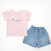 Flutter-Sleeve Pink T-Shirt & Denim Shorts - Imported pair