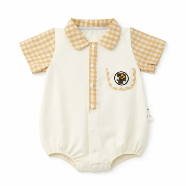 Gingham Bear Romper – Short Sleeve Collared Onesie front photo