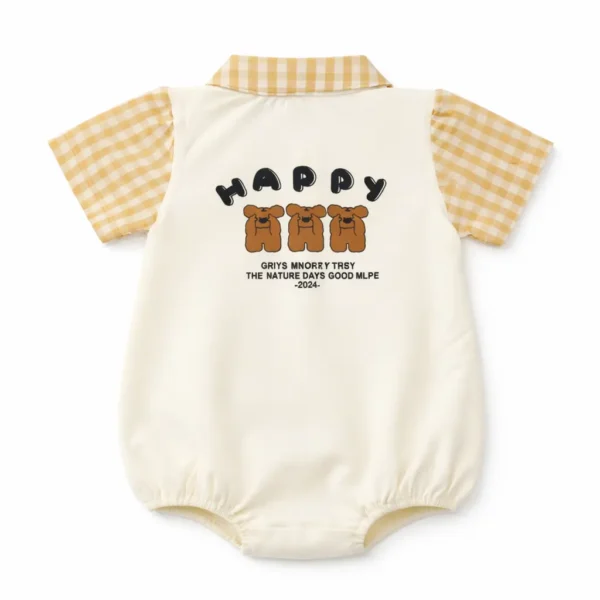 Gingham Bear Romper – Short Sleeve Collared Onesie how it looks back look