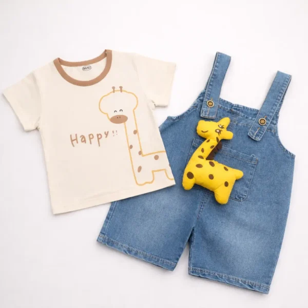 Giraffe T-Shirt & Denim Dungaree Shorts Outfit main photo