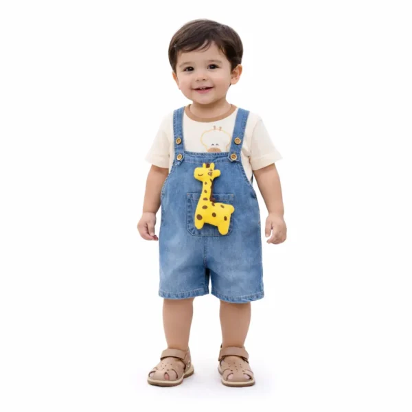 Giraffe T-Shirt & Denim Dungaree Shorts Outfit main photo how it looks