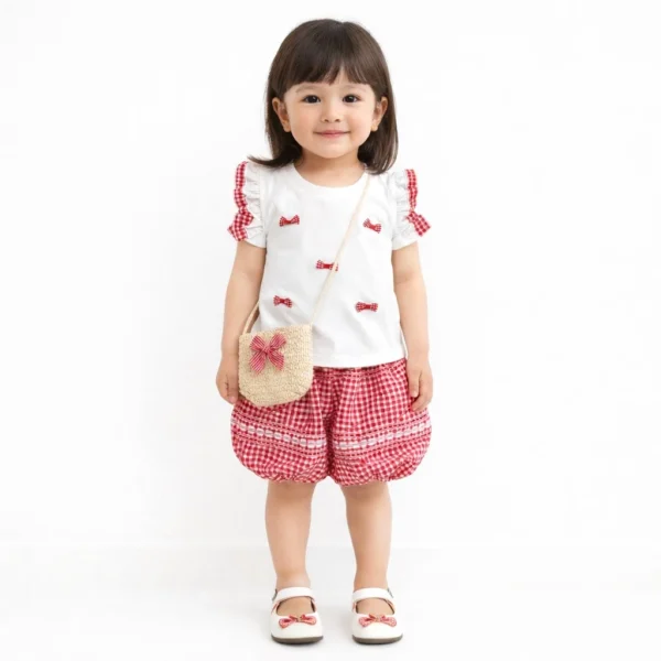 Girls Red Gingham Shorts for Summer - 6M TO 5Y how it looks wearing