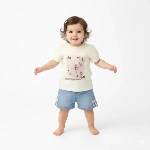 Girls White T-Shirt & Denim Shorts Outfit Set - Imported