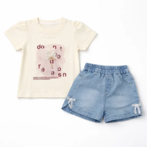 Girls White T-Shirt & Denim Shorts Outfit Set - Imported pair