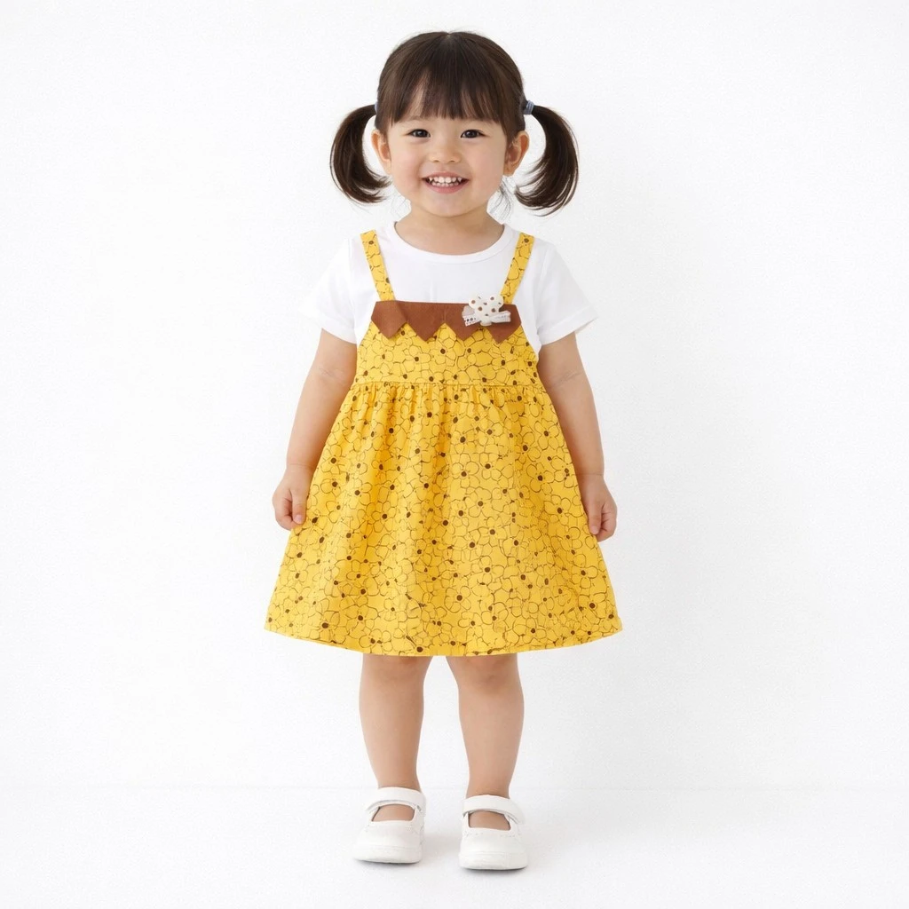 Girls Yellow Floral Pinafore Frock for Summer - 1 TO 5Y HOW IT LOOKS WEARING
