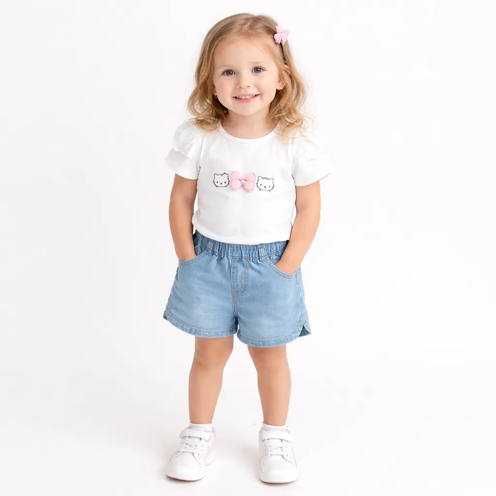 Hello Kitty Flutter-Sleeve T-Shirt & Denim Shorts - Imported pair