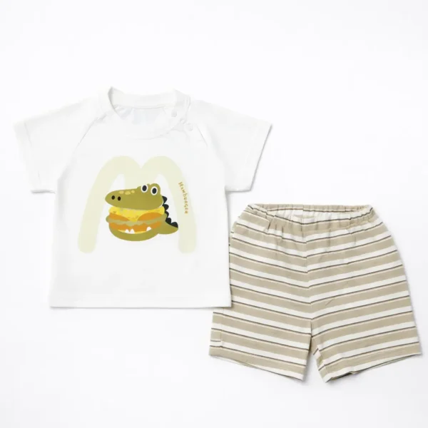 Imported Cartoon T-Shirt & Striped Shorts Summer Outfit green variation