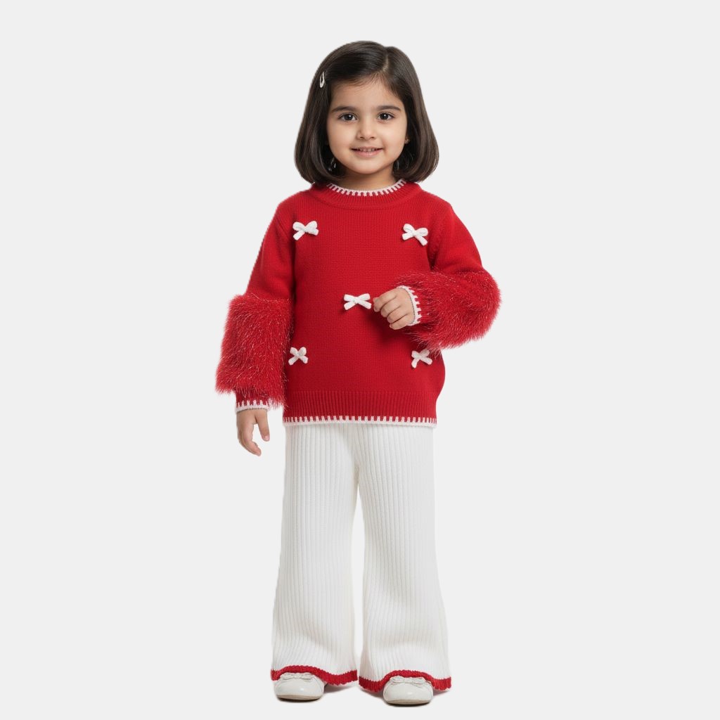Imported Red & White Stylish Outfit for Girls - Bow Accents and Furry Sleeves featured image