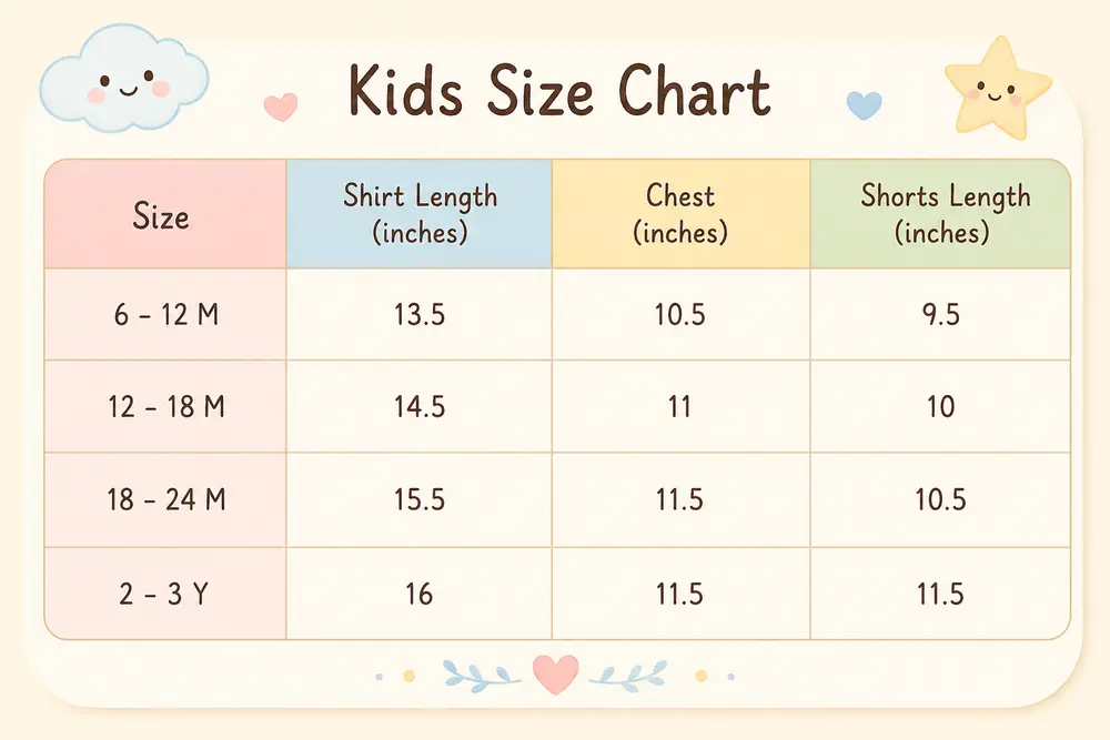 Imported T-Shirt & Shorts Set Crossbody Pouch - 12M to 3Y size chart size guide