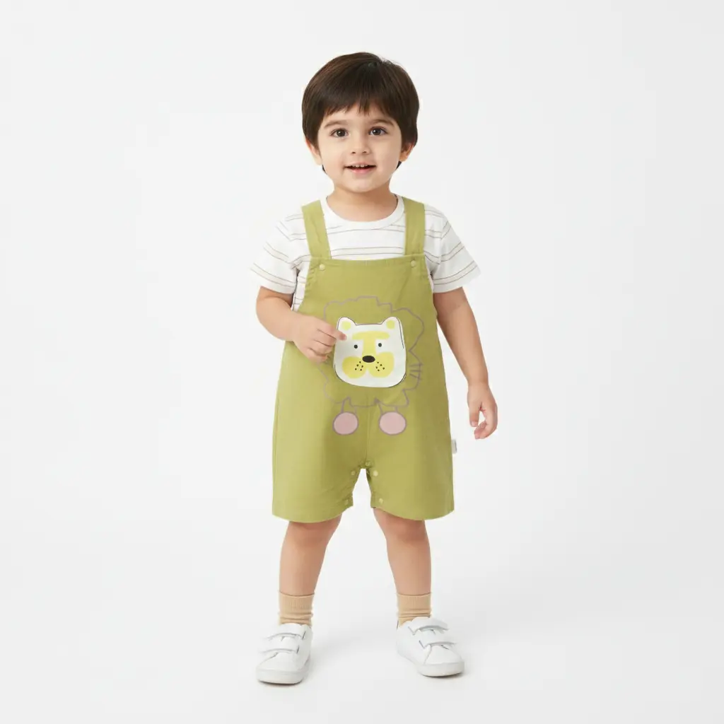 Lion Patch Dungaree Romper & Striped T-Shirt - Imported how it looks