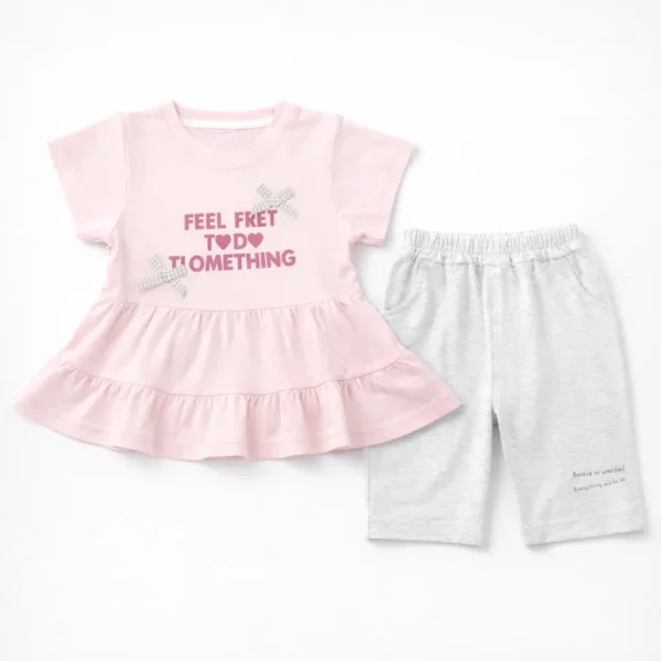 Pink Peplum T-Shirt & Grey Heather Shorts - Imported pair view