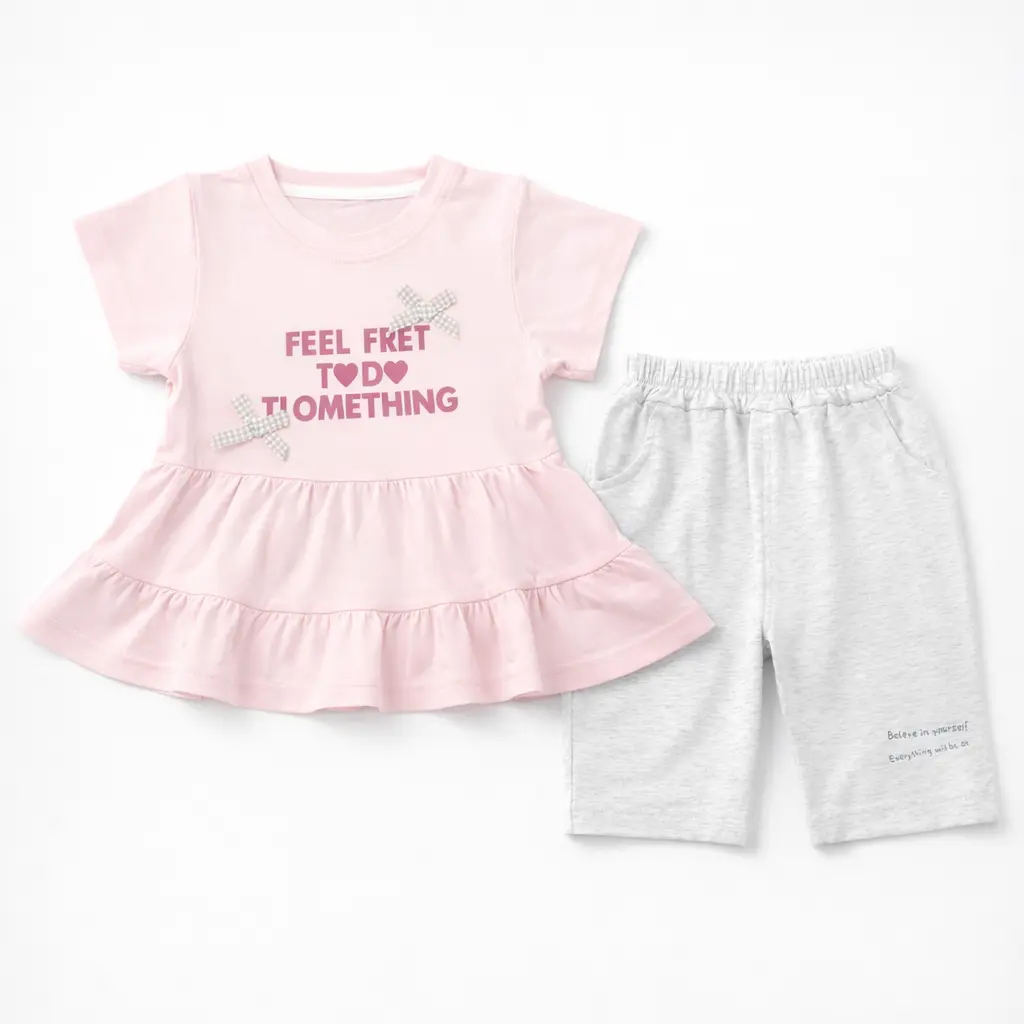 Pink Peplum T-Shirt & Grey Heather Shorts - Imported pair view