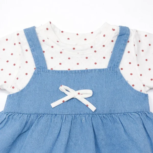 Polka Dot Top and Denim Pinafore Dress Set - 1 TO 6Y how it looks closeup
