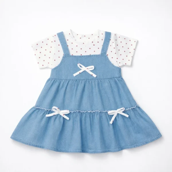 Polka Dot Top and Denim Pinafore Dress Set - 1 TO 6Y how it looks front