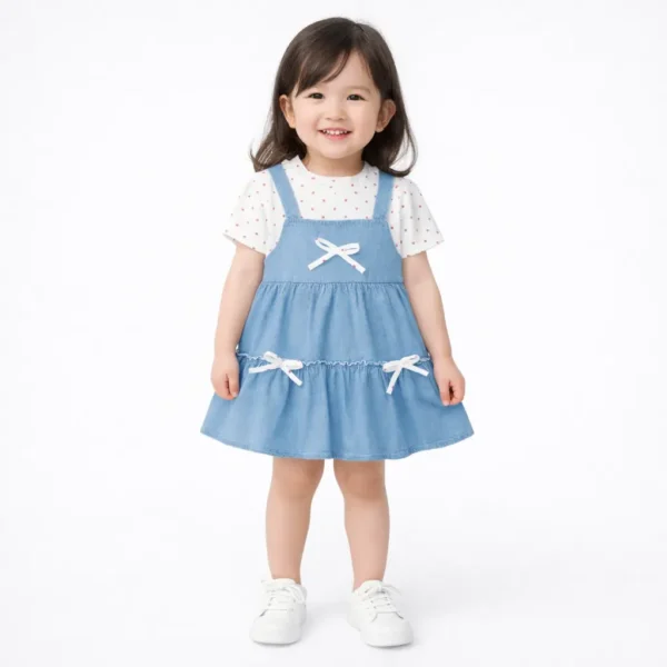 Polka Dot Top and Denim Pinafore Dress Set - 1 TO 6Y how it looks how it looks