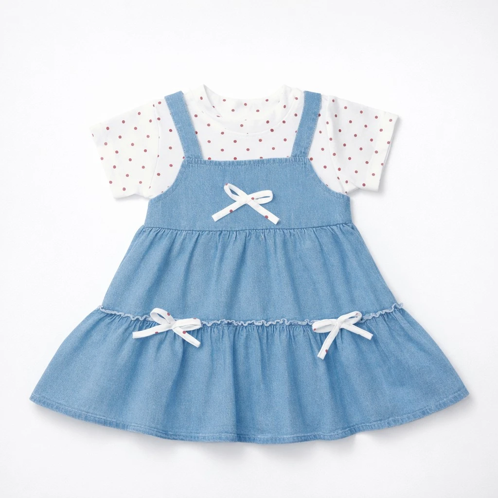 Polka Dot Top and Denim Pinafore Dress Set - 1 TO 6Y how it looks
