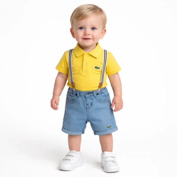 Polo Shirt & Denim Shorts Set with Suspenders - 0 TO 24M how it looks