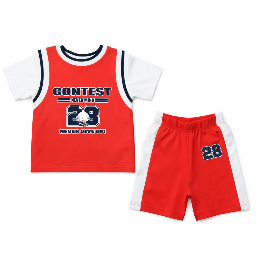 Red & White Athletic T-Shirt and Shorts Suit - Imported pair full photo