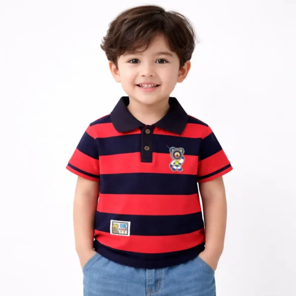 Striped Cotton T-Shirt with Bear Patch – Imported how it looks wearing