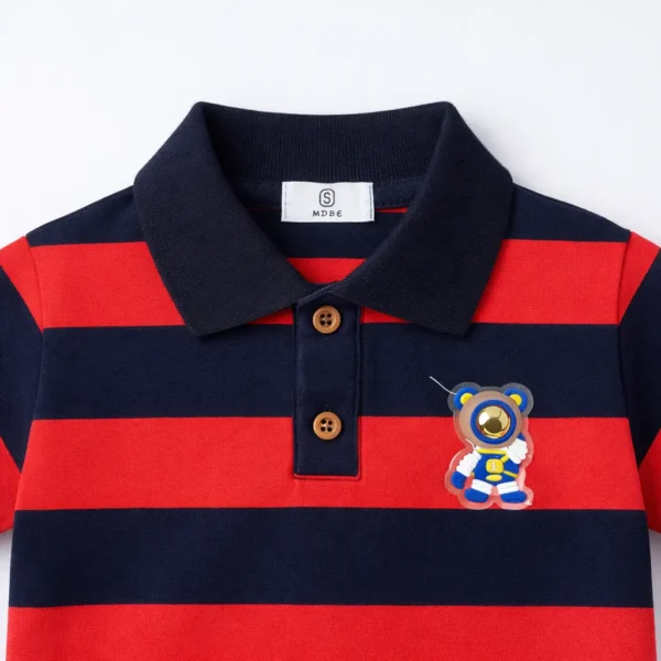 Striped Cotton T-Shirt with Bear Patch – Imported how it looks wearing closeup