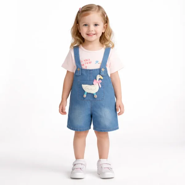 T-Shirt & Denim Dungaree Shorts Outfit Set - Imported how it looks