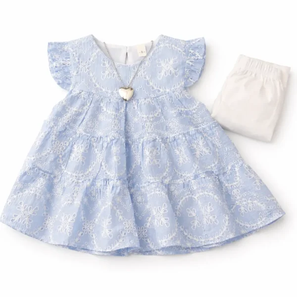 3 Pc Embroidered Frock Suit with Tights & Locket 1 - 6Y