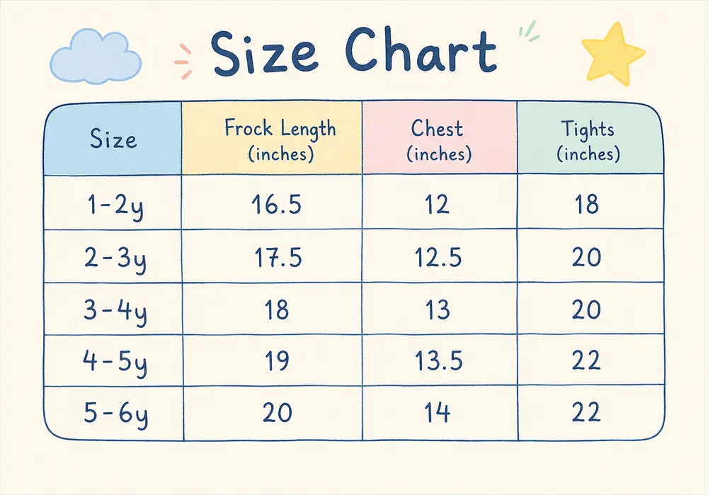 3 Pc Embroidered Frock Suit with Tights & Locket 1 - 6Y size chart size guide