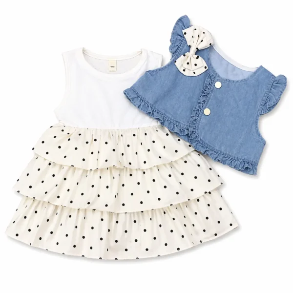 3 Pc Polka Dot Dress Denim Jacket Frock and Tights tops