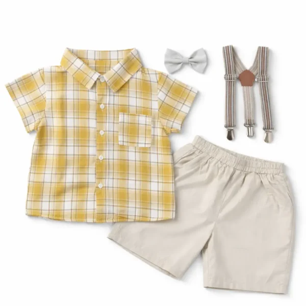 4 Pc Yellow Plaid Shirt & Shorts Set- Imported - 1 - 5 Y full set