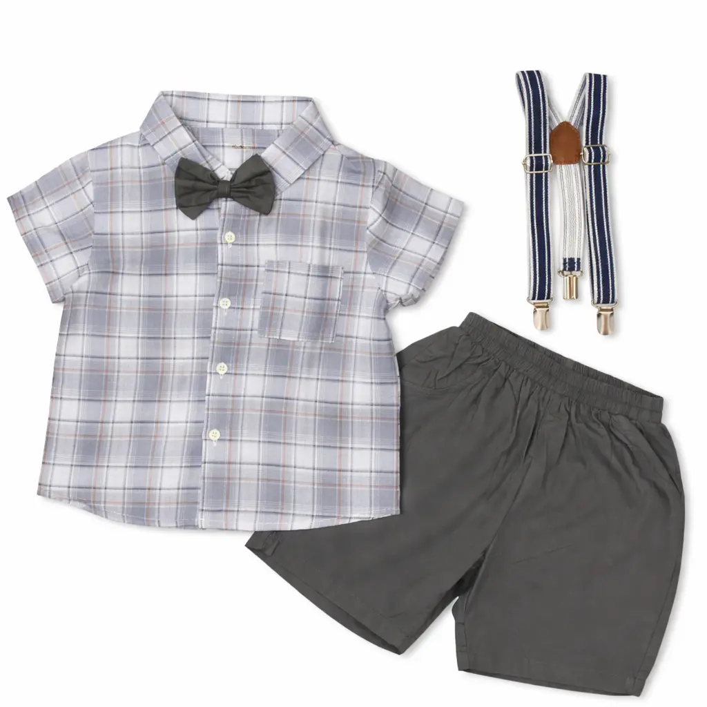 4 Pc Yellow Plaid Shirt & Shorts Set- Imported - 1 - 5 Y grey