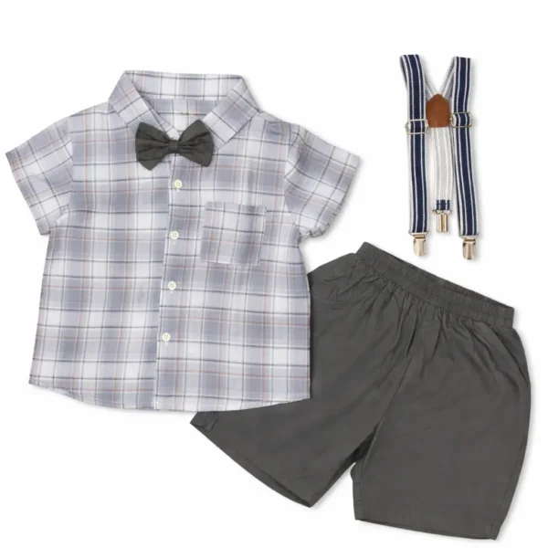 4 Pc Yellow Plaid Shirt & Shorts Set- Imported - 1 - 5 Y grey