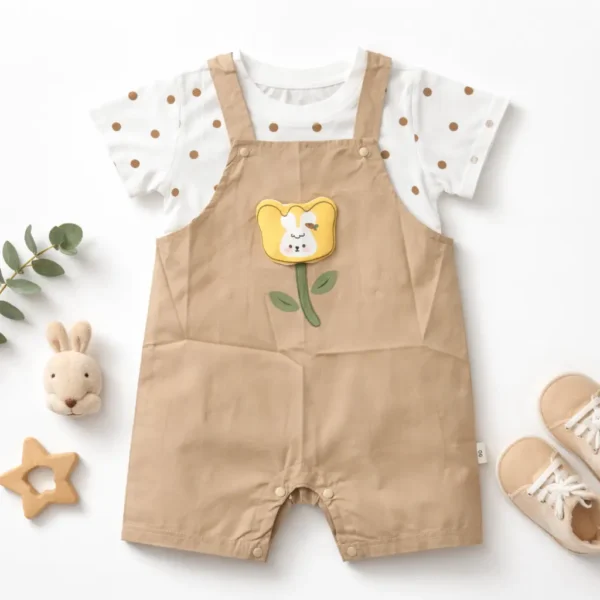 Beige Polka Dot Flower Dungaree Set Imported 6 to 24M front featured photo of the pair