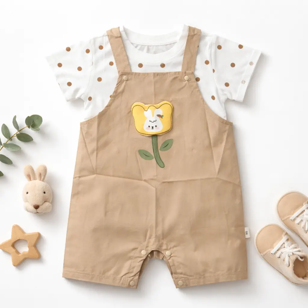 Beige Polka Dot Flower Dungaree Set Imported 6 to 24M front featured photo of the pair