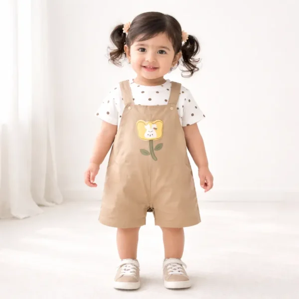 Beige Polka Dot Flower Dungaree Set Imported 6 to 24M how it looks