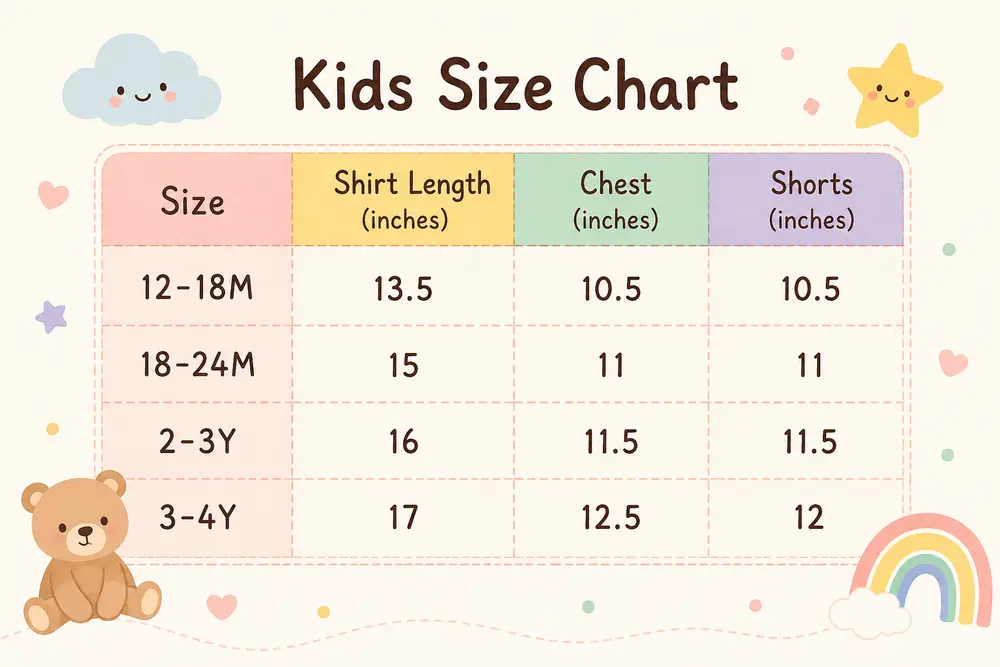 Camouflage T Shirt & Shorts Summer Smile Outfit 12M to 4Y size chart size guide