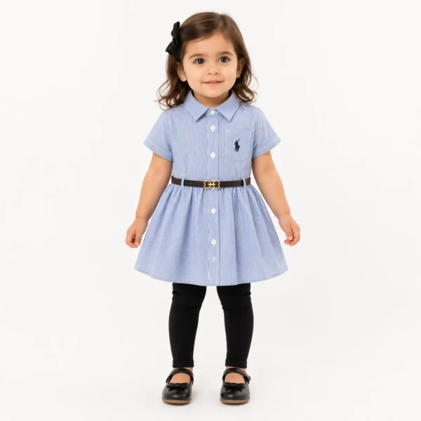 Girls 3 Pc Striped Frock Shirt Dress Belt & Tights how it looks