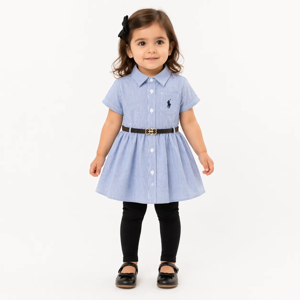 Girls 3 Pc Striped Frock Shirt Dress Belt & Tights how it looks