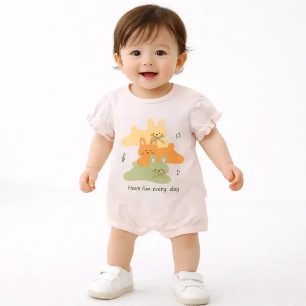 Girls Pink Bunny Print Cotton Imported Romper 0 to 24M how it looks