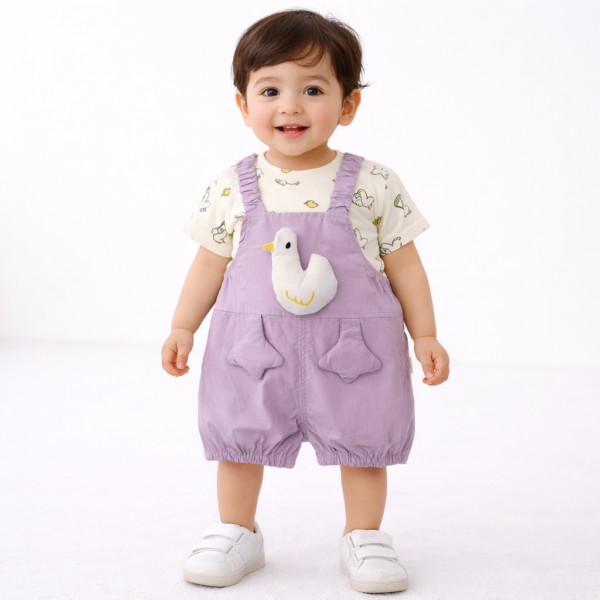 Imported Duck Print Dungaree Purple Romper Set 6M TO 4Y how it looks