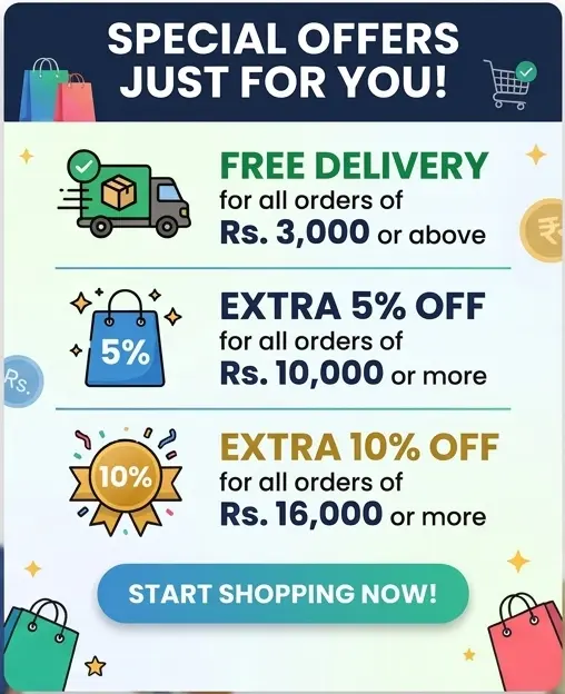 first bundle offer 1free delivery for rs 3000 or more orders 2 extra 5percent off on shopping of rs 10000 or more and extra 10percent off for shopping of rs 16000