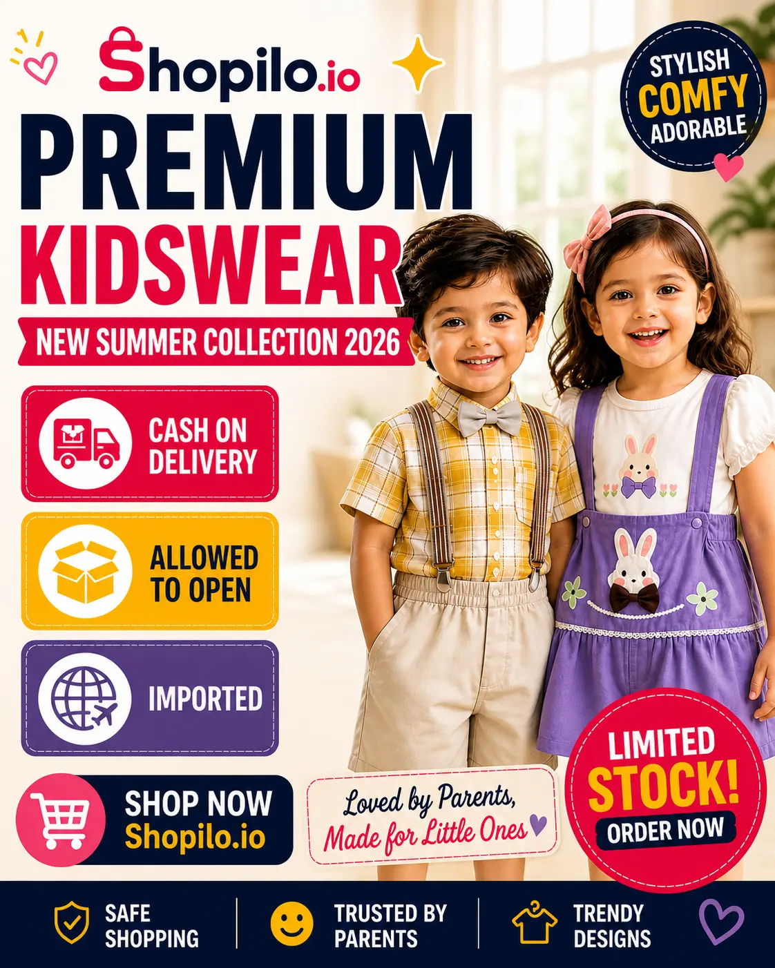 shopilo.io 4 by 5 banner hero image cash on delivery allowed to open parcel before payment kidswear