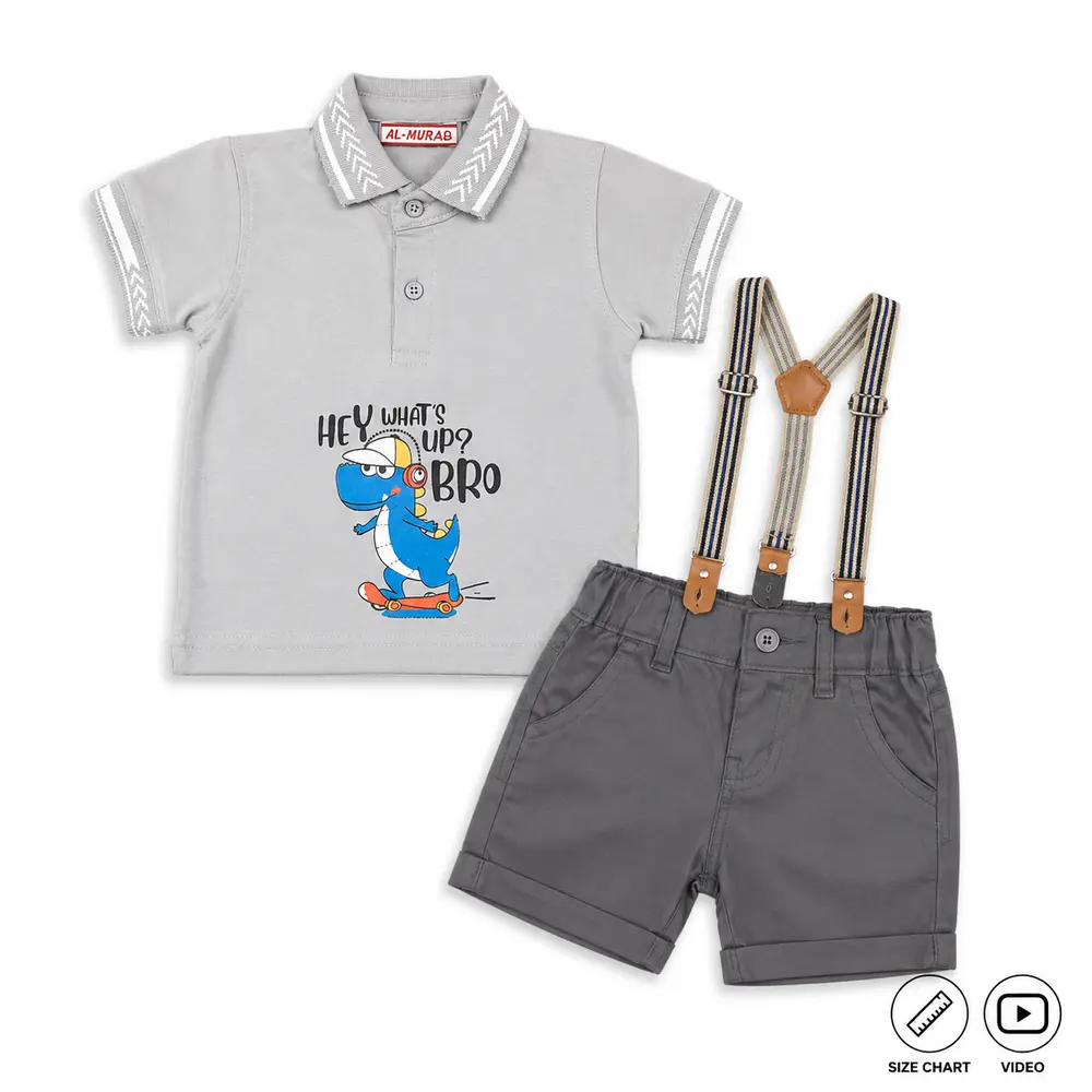 AM Dinosaur Grey Polo Shirt Suspender Shorts 0 to 3Y