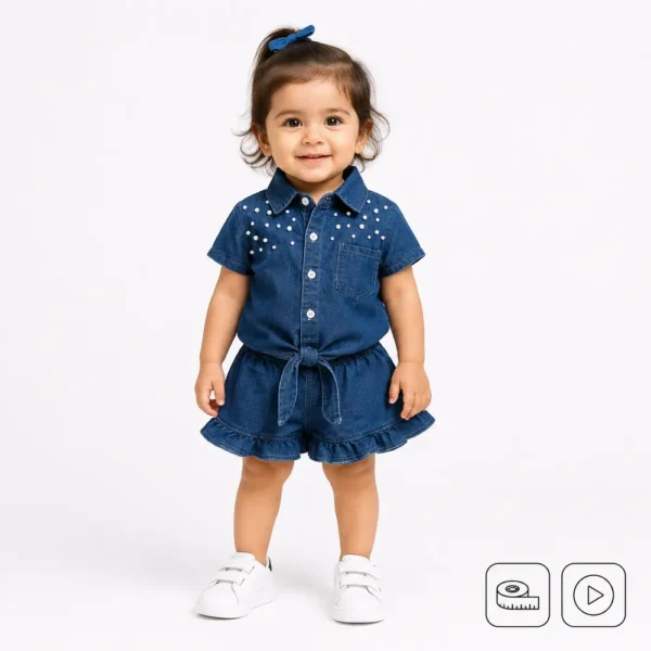 Denim Pearl Embellished Shirt & Ruffle Shorts 6M to 5Y how it looks