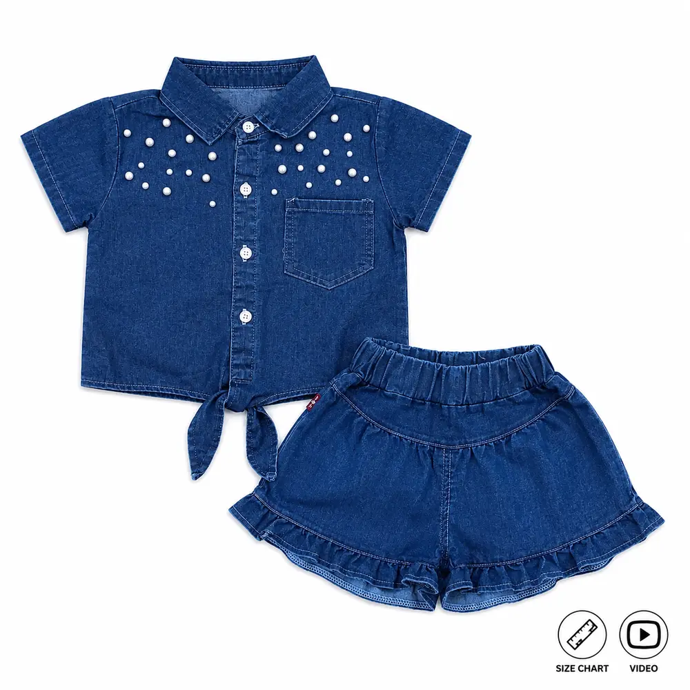 Denim Pearl Embellished Shirt & Ruffle Shorts 6M to 5Y main front featured photo