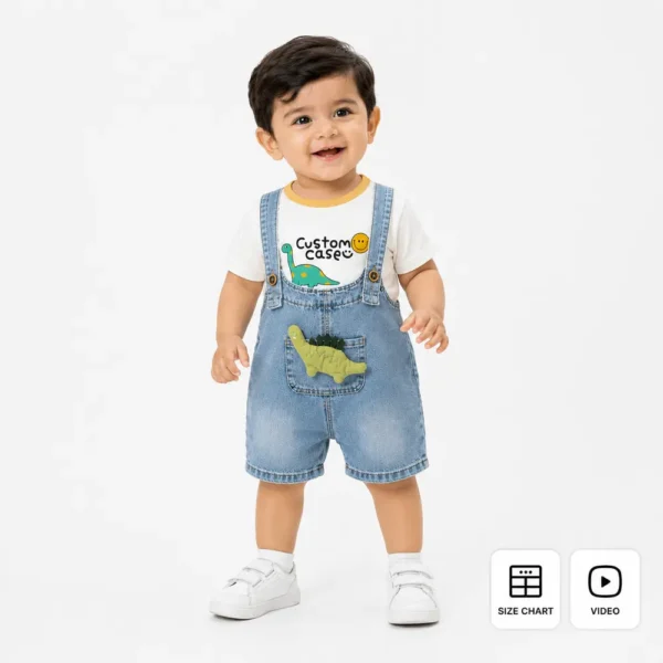 Dinosaur T Shirt & Denim Dungaree Shorts for Boys 1 to 5Y how it looks