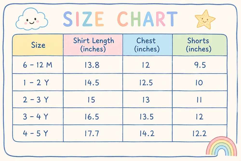 Imported 3 Piece Casual Outfit with Denim Shorts 6M to 5Y size chart size guide