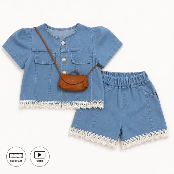 Imported Denim Lace Trim Short Set & Crossbody 6M to 5Y main photo