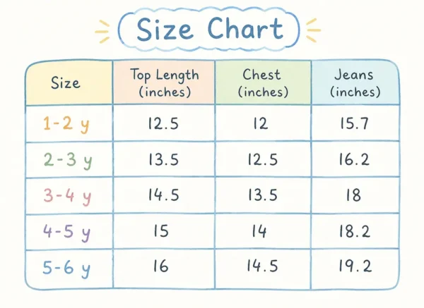 Imported Outfit with Lace Top & Denim Pants 1 to 6Y size chart size guide