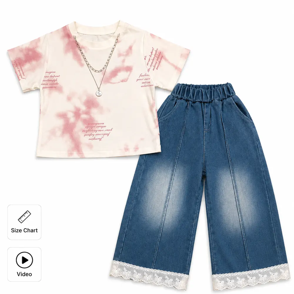 Tie Dye T Shirt & Wide Leg Denim Pants & Necklace 2 TO 7Y main photo