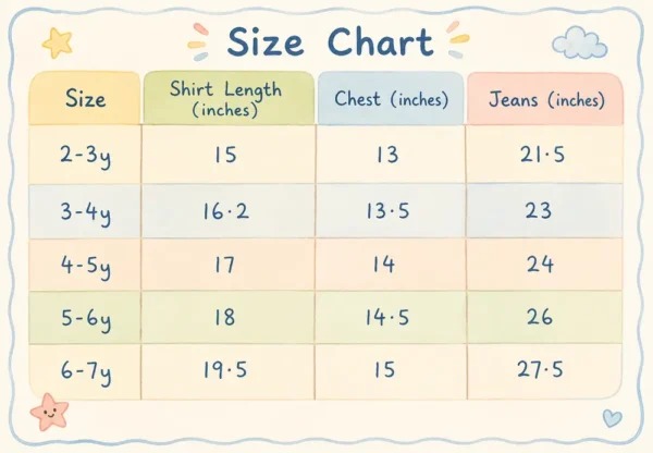 Tie Dye T Shirt & Wide Leg Denim Pants & Necklace 2 TO 7Y size chart size guide